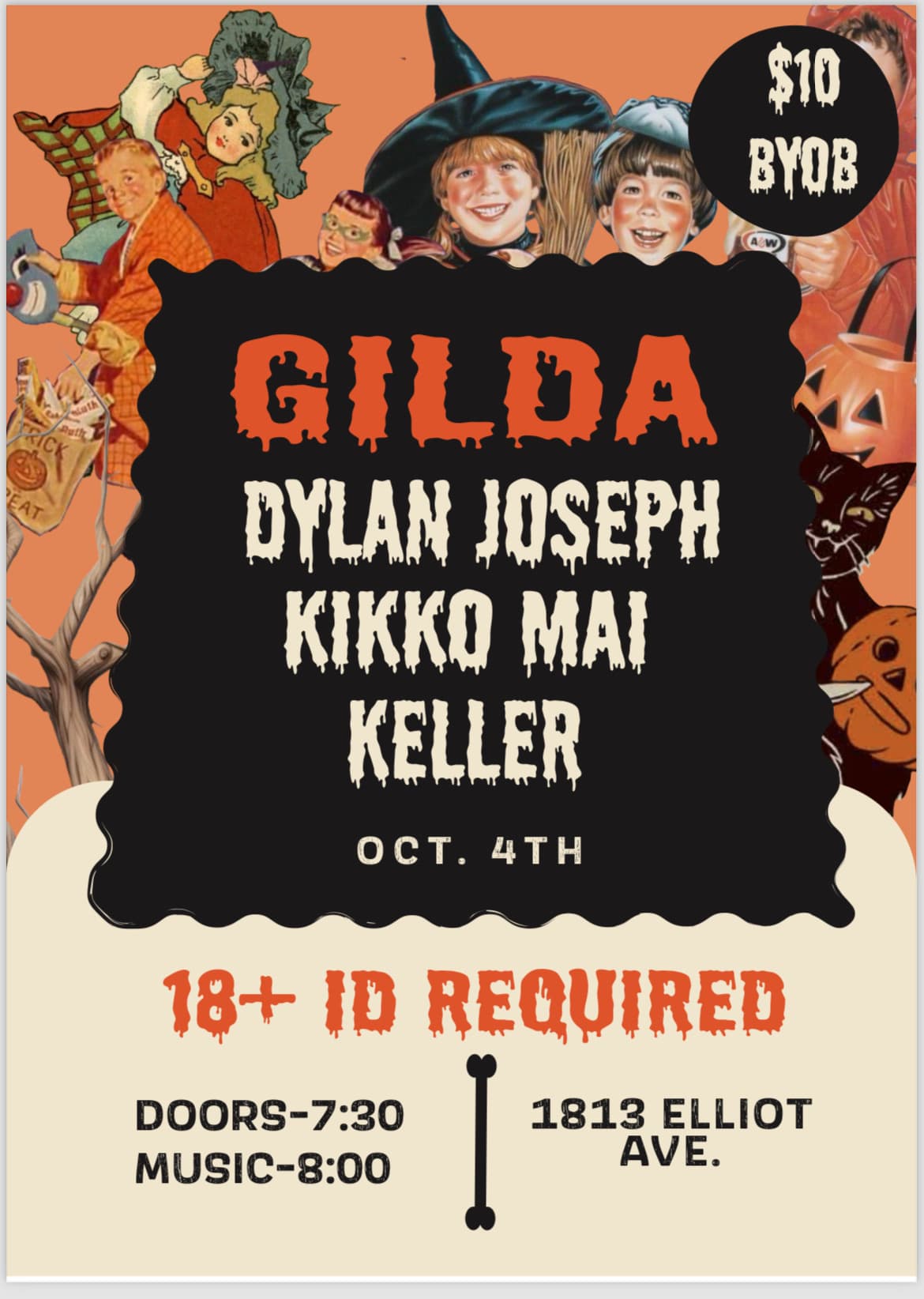 Flyer for an 18-and-up show at 1813 Elliot Ave, ID required