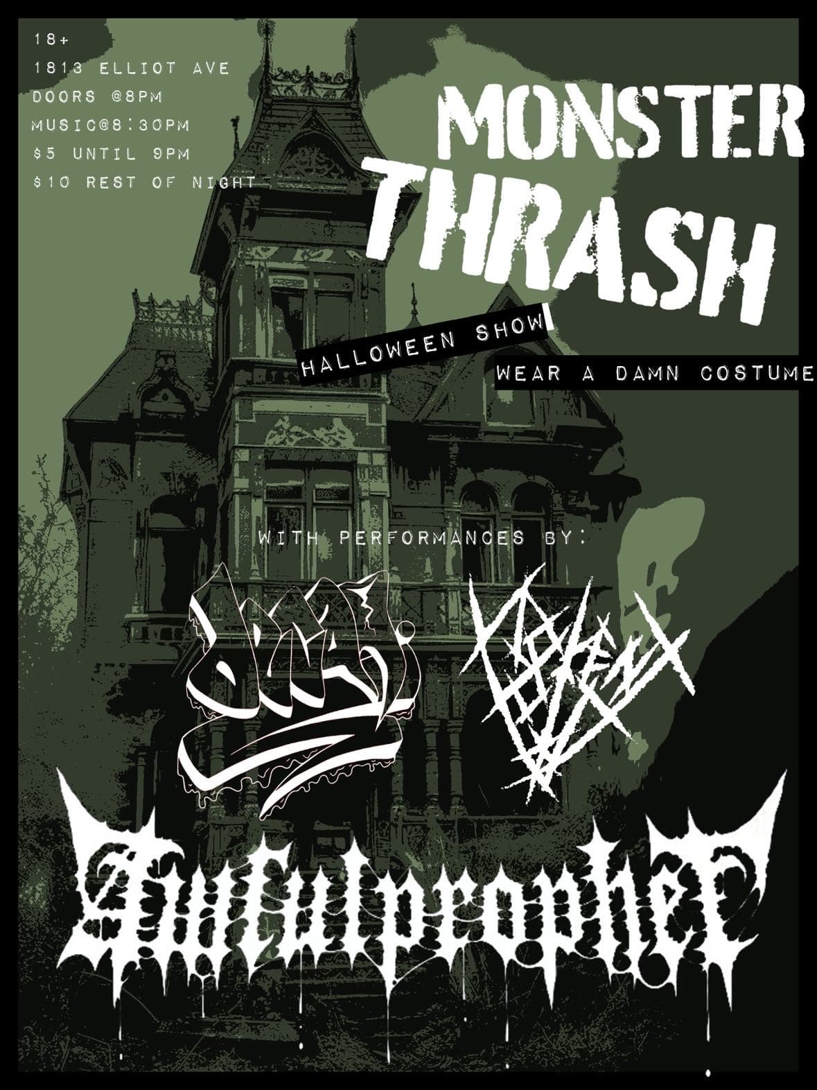 Flyer for the Monster Thrash Halloween show at 1813 Elliot Ave