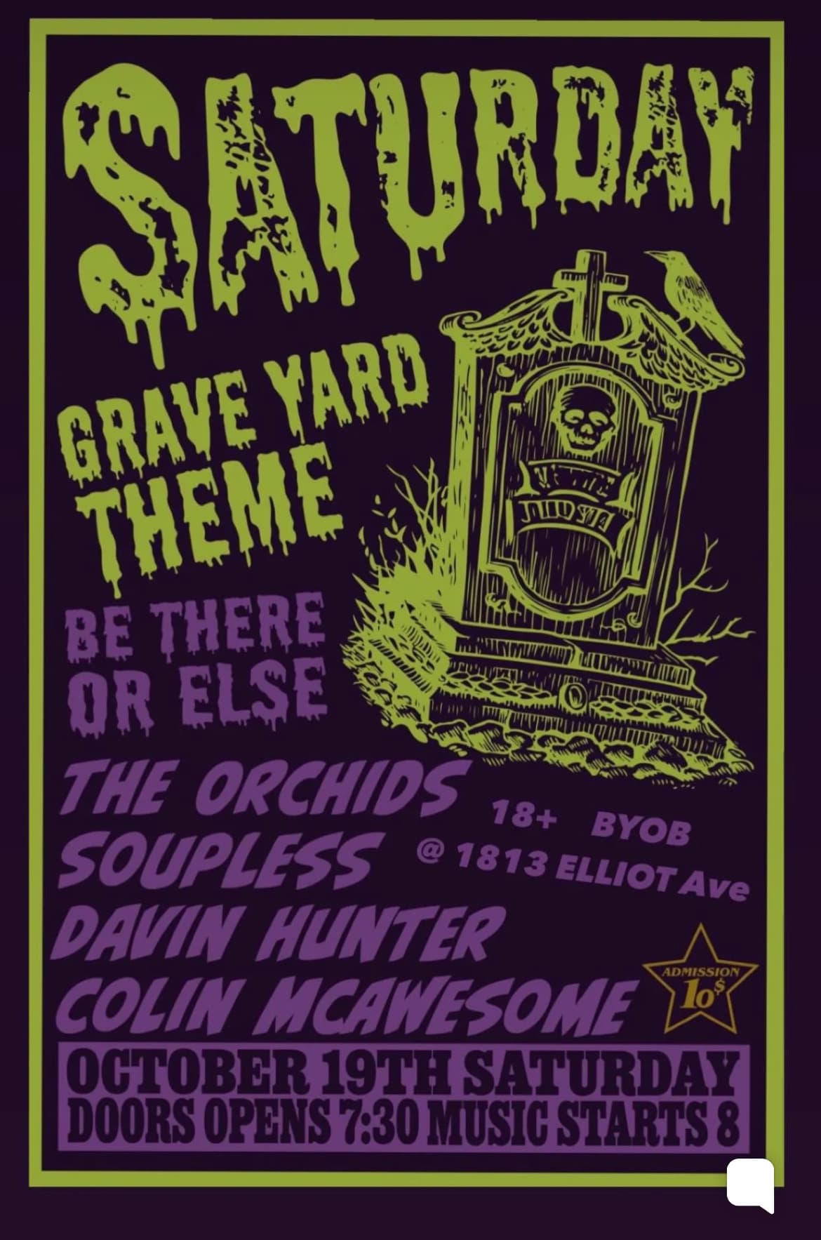 Flyer for a graveyard-themed Saturday show at 1813 Elliot Ave featuring Soupless